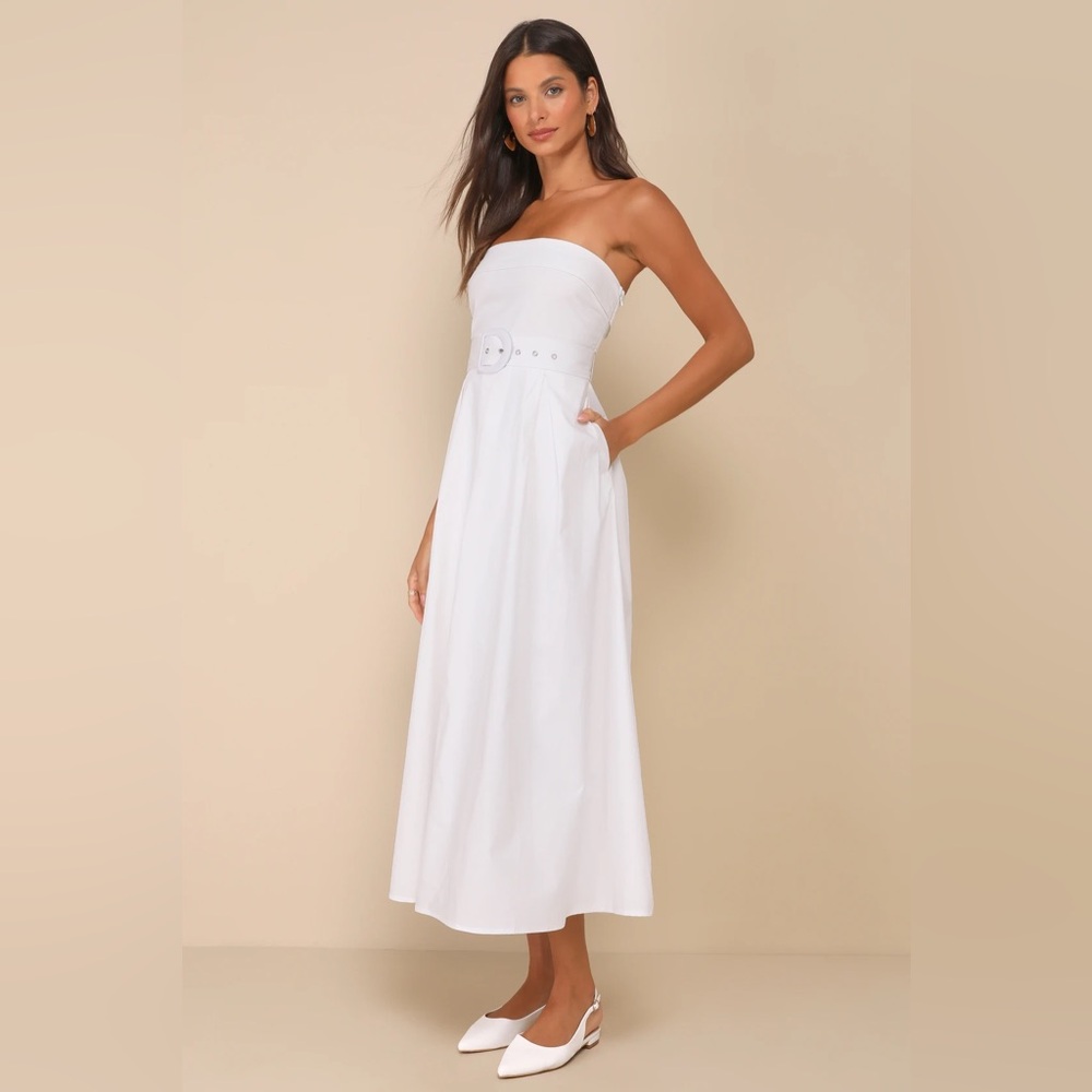 Lulus Trendsetting Choice White Strapless Midi Dress With Pockets
